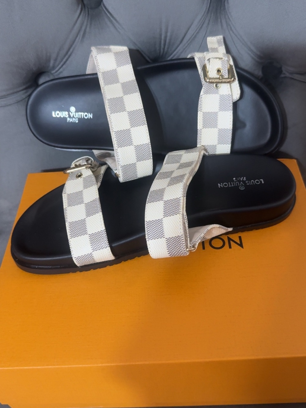 Louis Vuitton White and Gray Check Canvas Buckle Strap Sandals